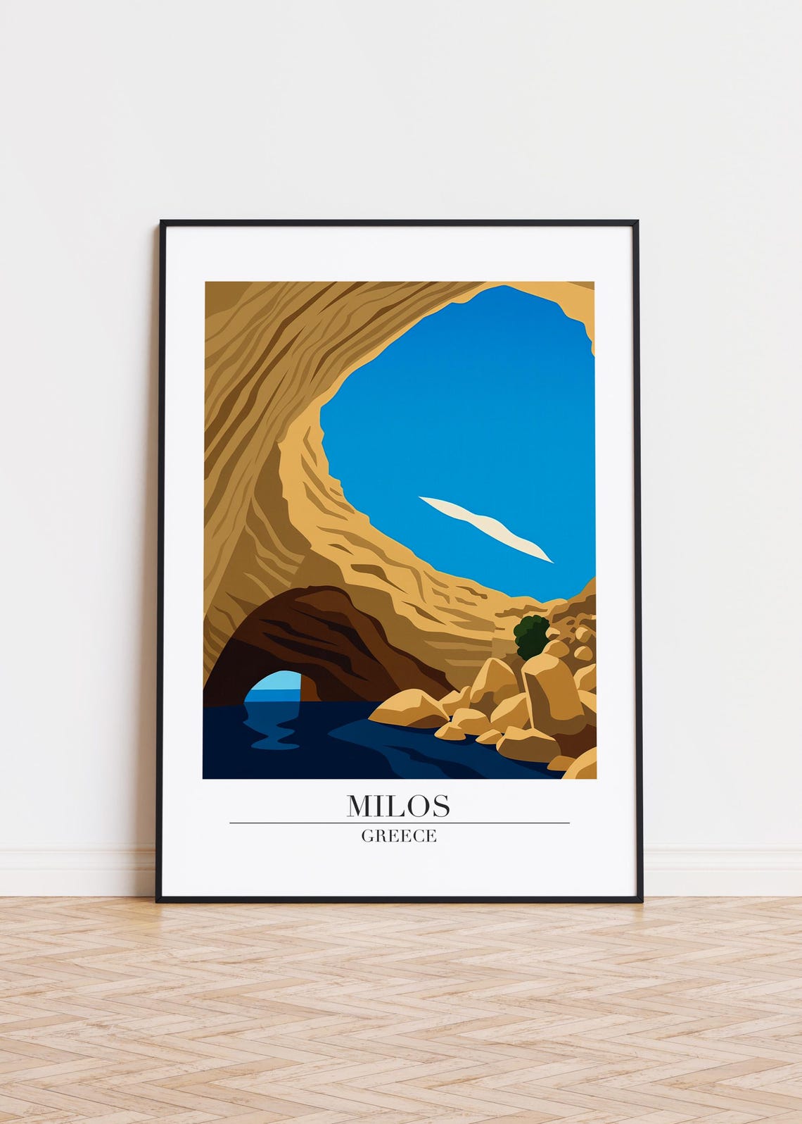 Milos Greece Sea Cave Golden Cliffs Deep Blue Water Travel Poster