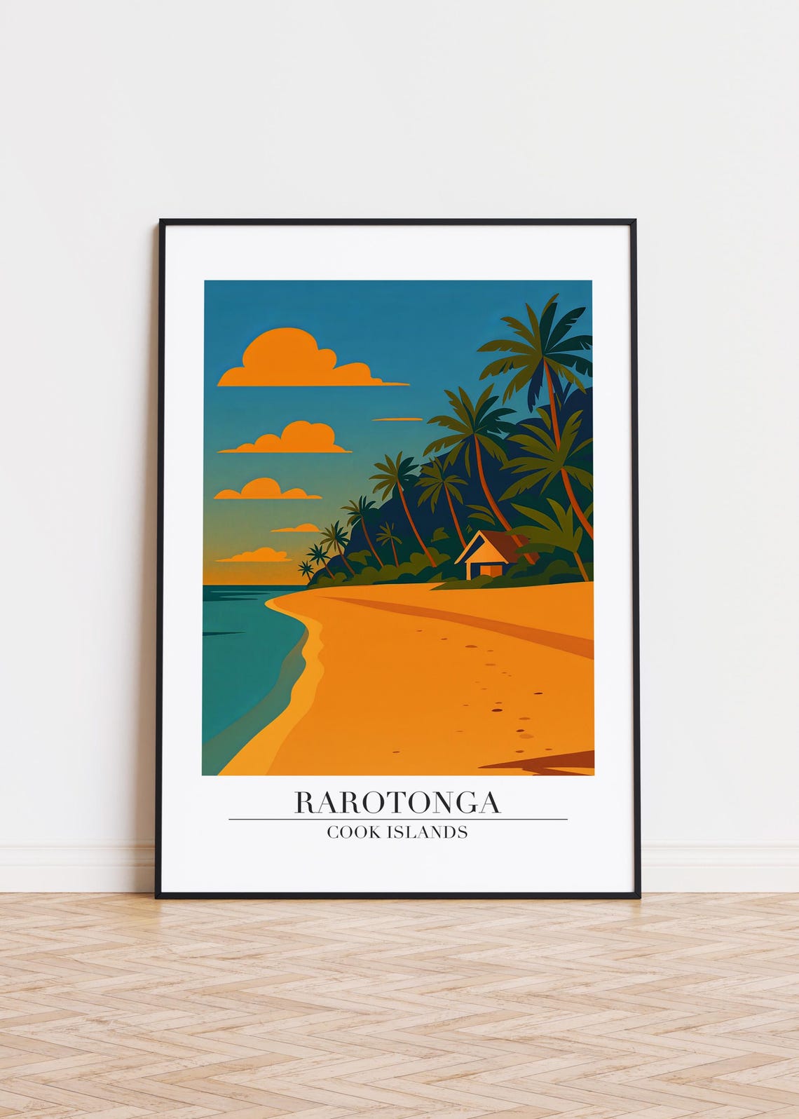 Rarotonga Cook Islands Beach Hut Sunset Orange Sky Travel Poster