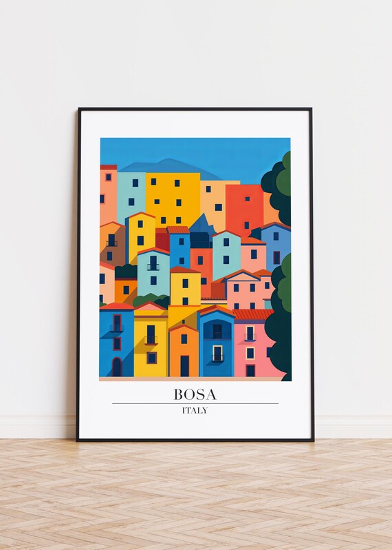Bosa Italy Colorful Hillside Houses Modern City Illustration Travel Poster