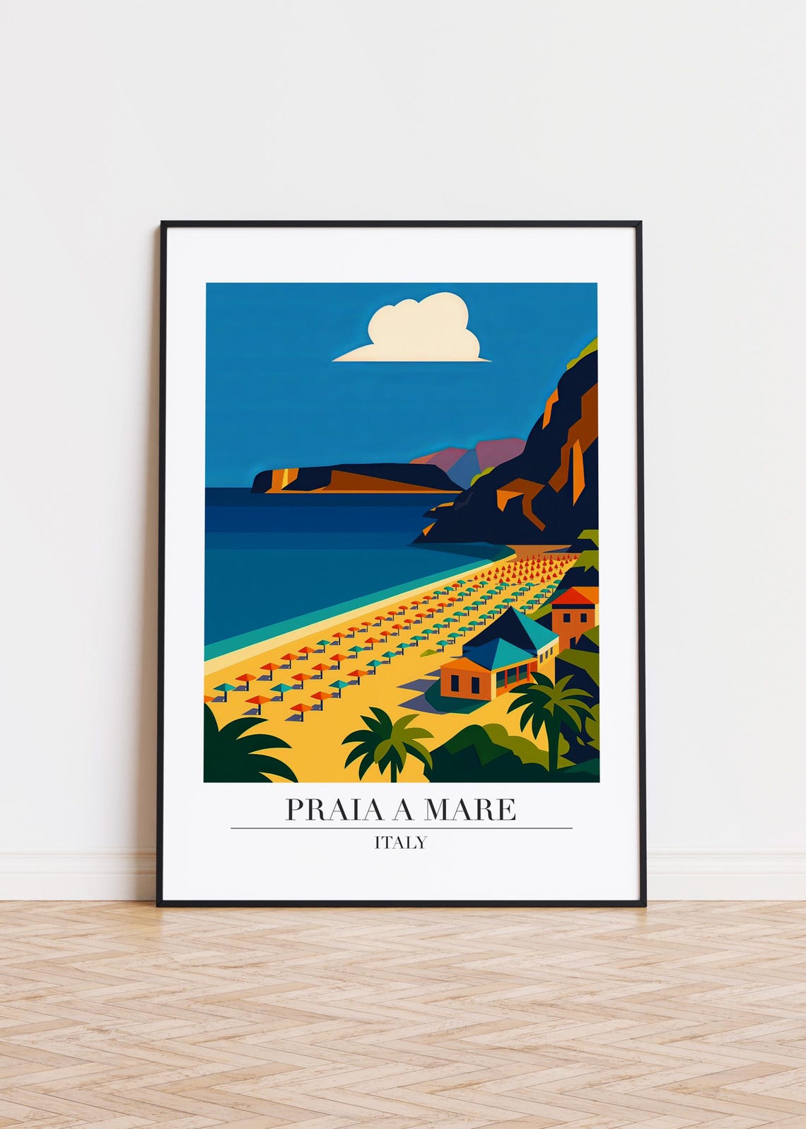 Praia A Mare Italy Beach Umbrellas Cliffs Sunny Coast Poster