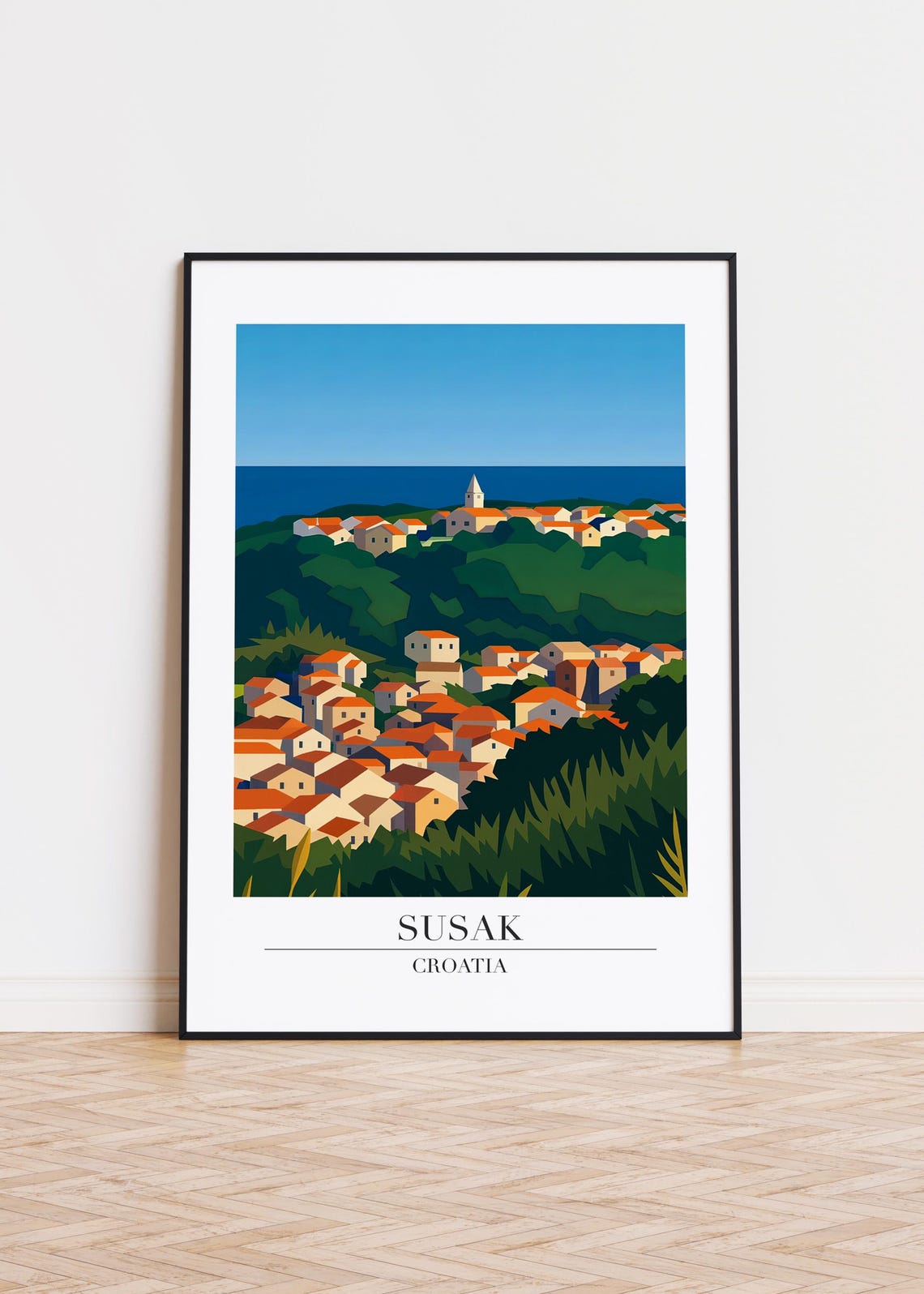 Susak Croatia Green Hill Island Village Orange Roofs Travel Poster