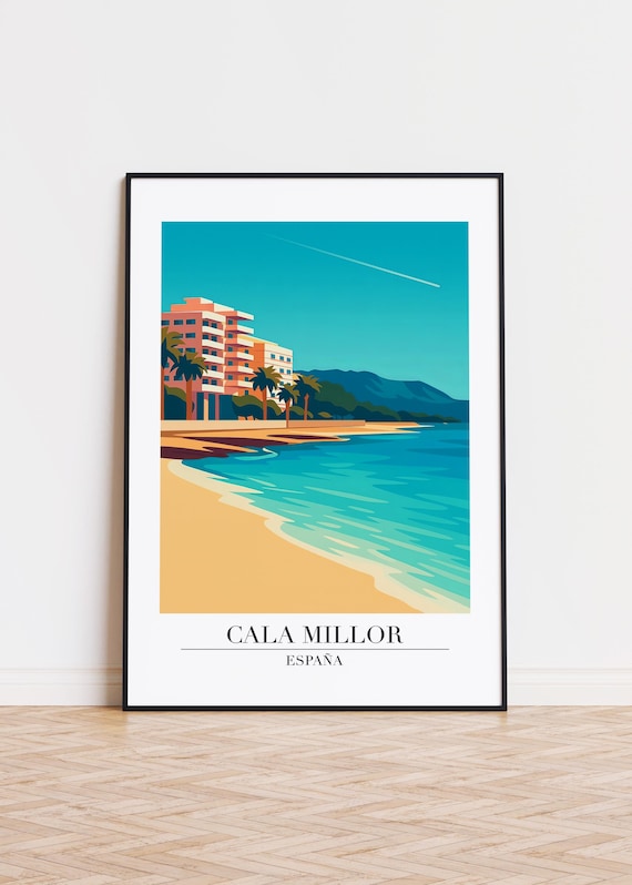 Cala Millor Spain Beachfront Hotels Palm Shore Retro Travel Poster