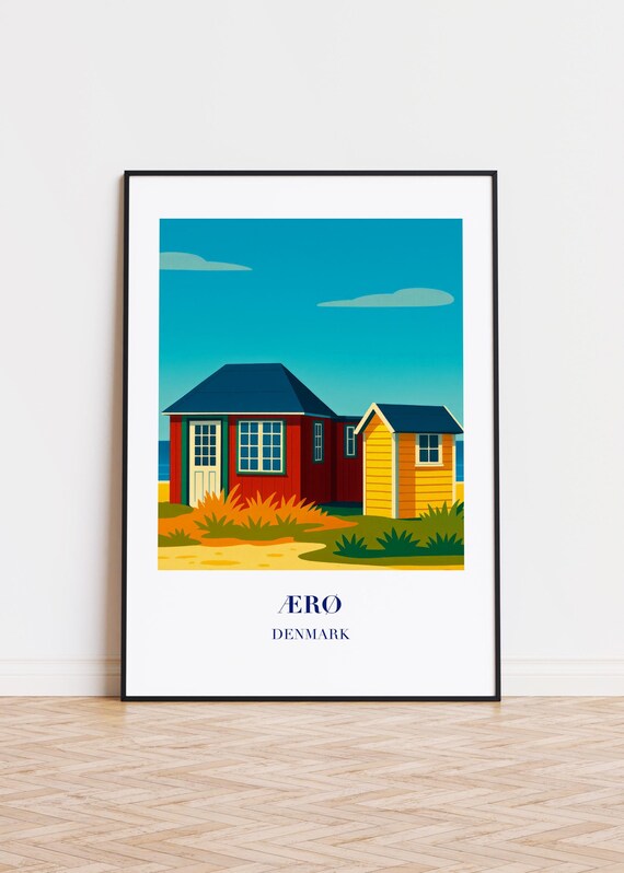 Aero Denmark Red Yellow Beach Huts Dunes Seaside Travel Poster