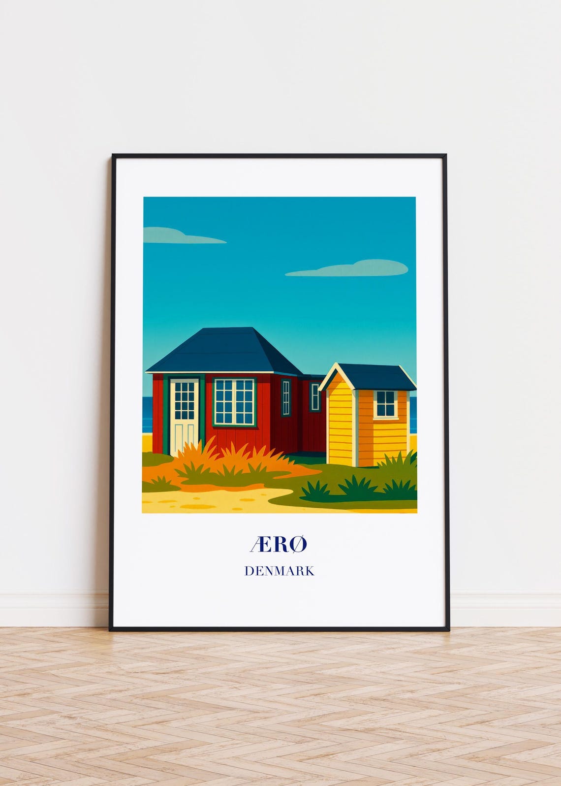Aero Denmark Red Yellow Beach Huts Dunes Seaside Travel Poster
