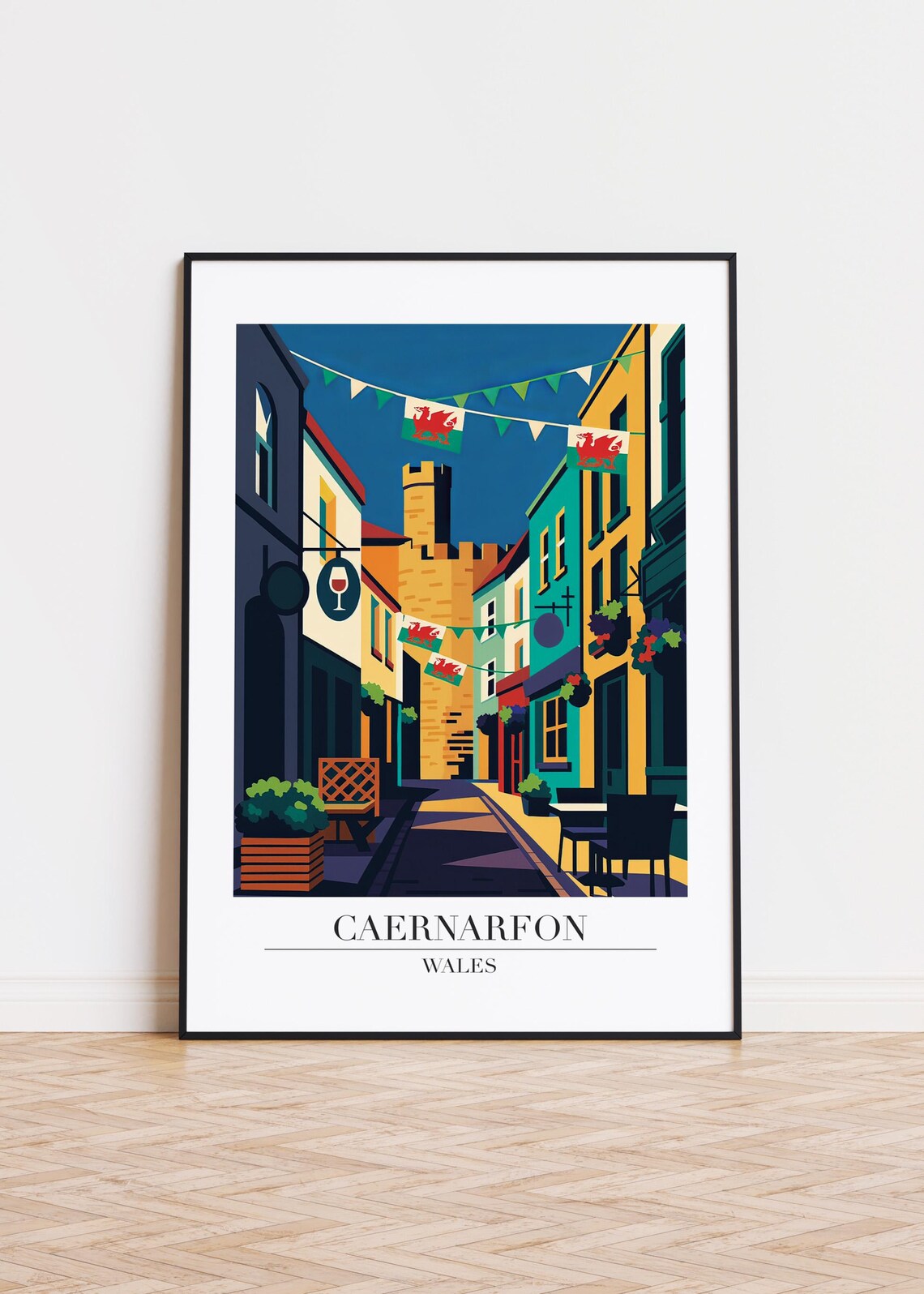 Caernarfon Wales Travel Poster Modern Colorful Castle Street Illustration