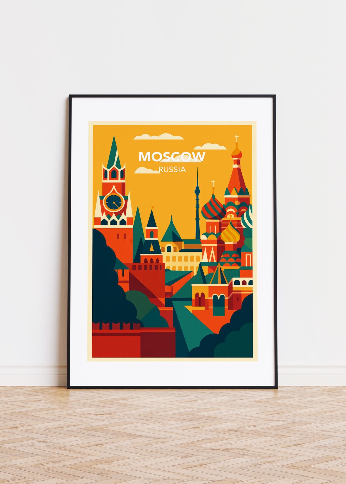 Moscow Russia St Basil Cathedral Kremlin Red Sunset Illustration Poster