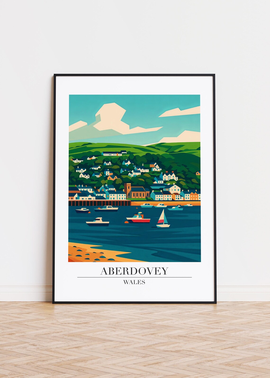 Aberdovey Wales Harbor Poster Sailboats Coastal Town Travel Art