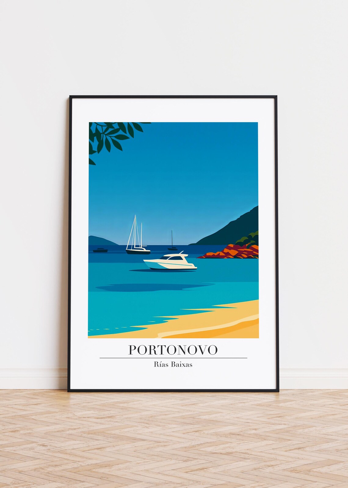 Portonovo Sailboats Rias Baixas Turquoise Bay Vintage Travel Poster