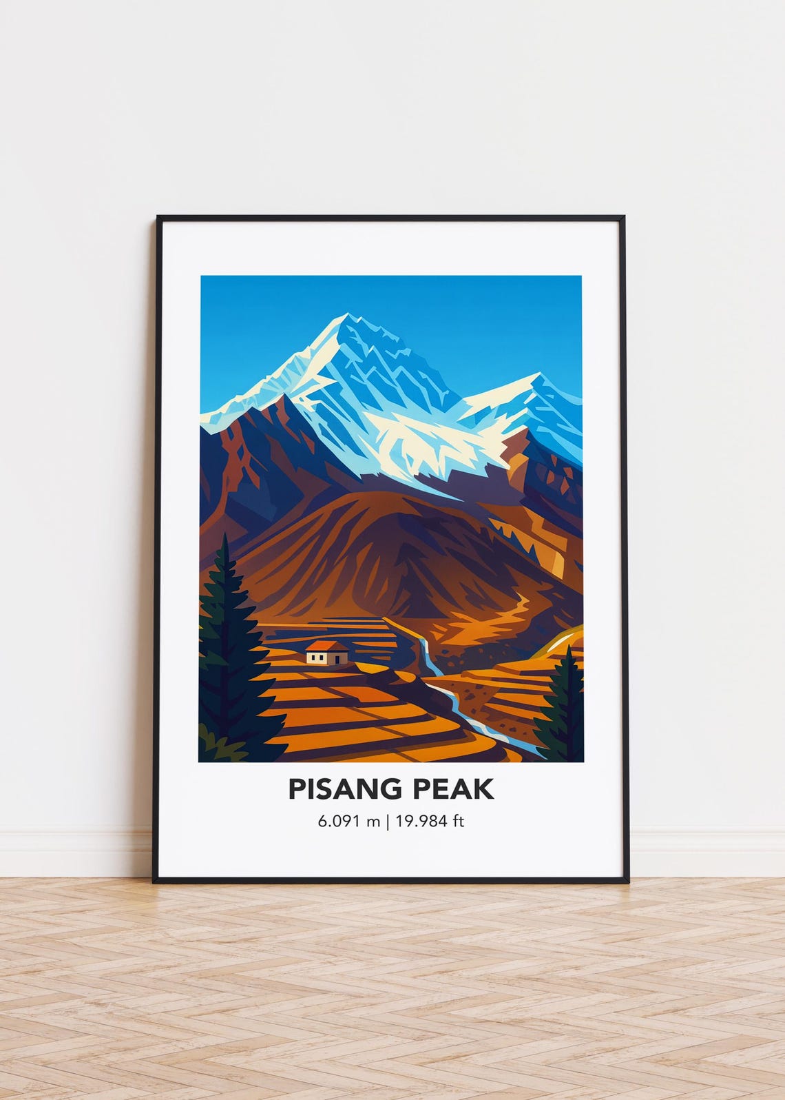 Pisang Peak Terraced Fields Mountain Cabin Snow Summit Travel Poster