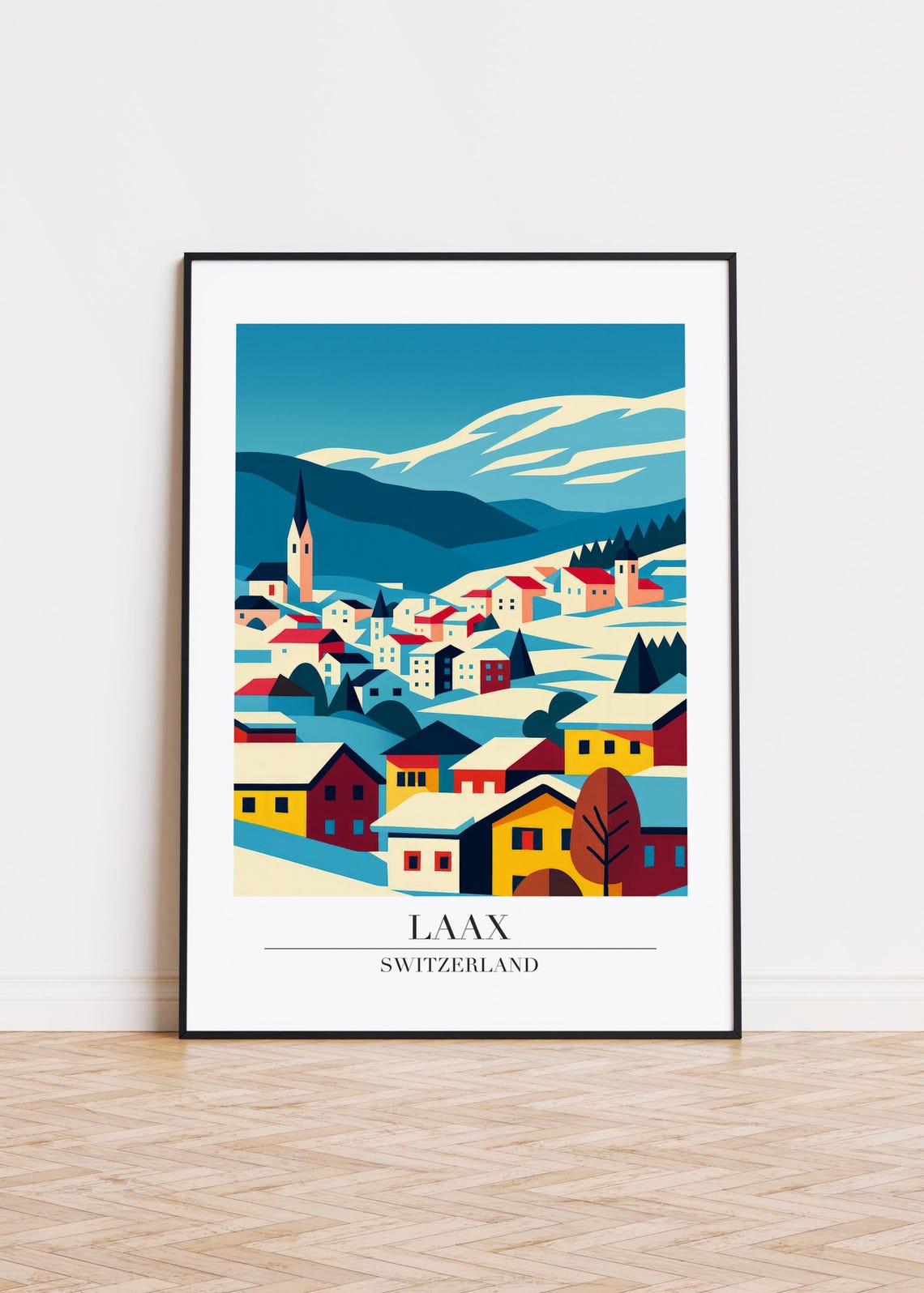 Laax Switzerland Snowy Alpine Village Winter Travel Art Poster
