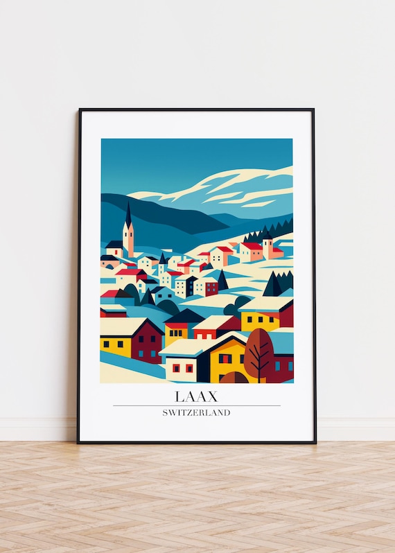 Laax Switzerland Snowy Alpine Village Winter Travel Art Poster