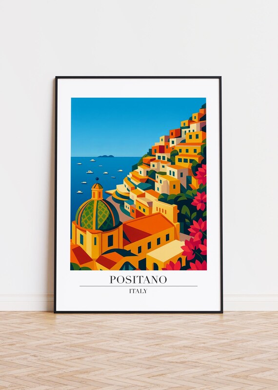 Positano Italy Cliffside Town Domed Church Coastline Travel Poster