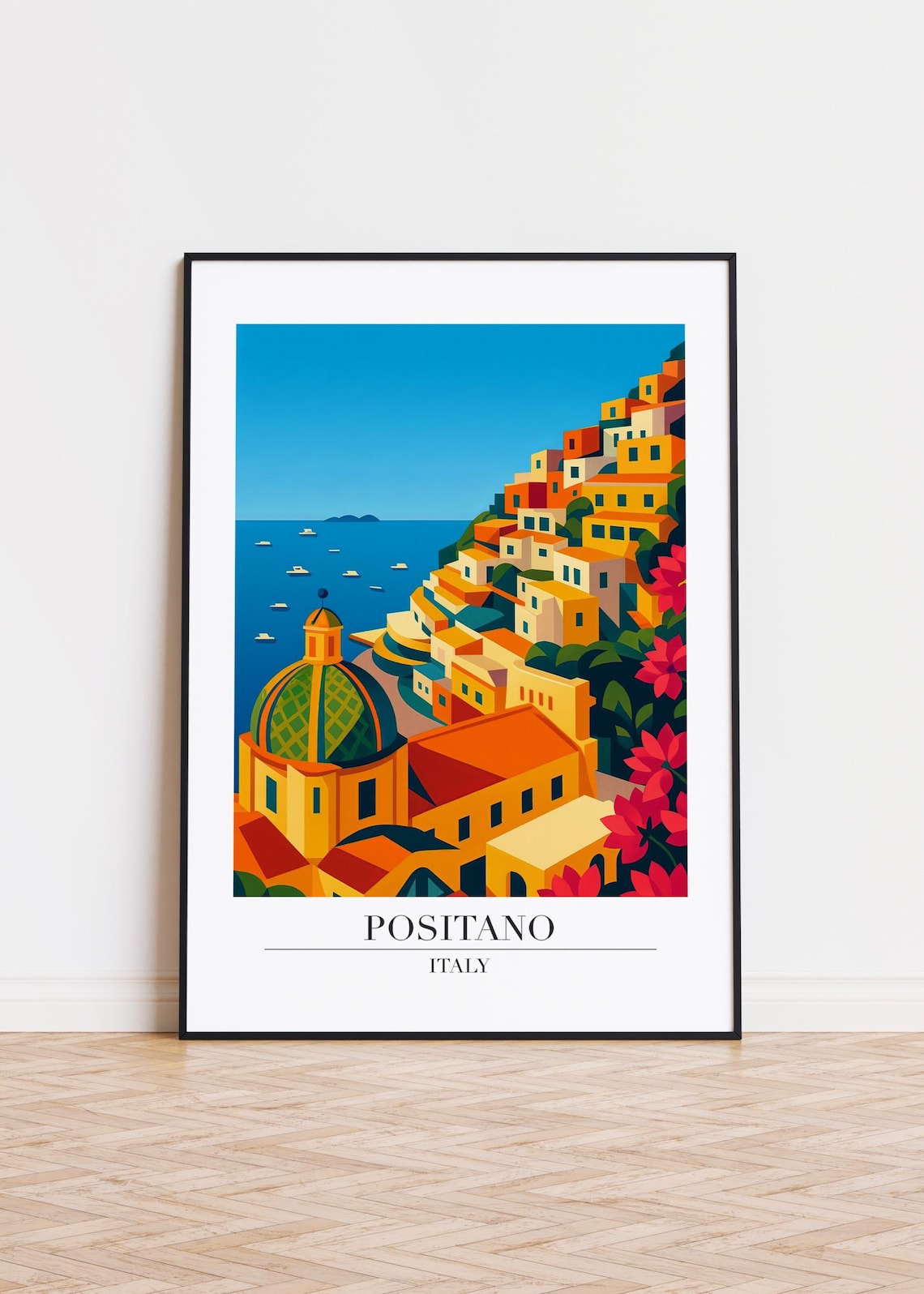Positano Italy Cliffside Town Domed Church Coastline Travel Poster