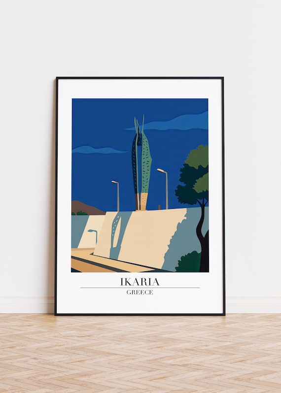Ikaria Greece Modern Sculpture Monument Retro Travel Art Poster