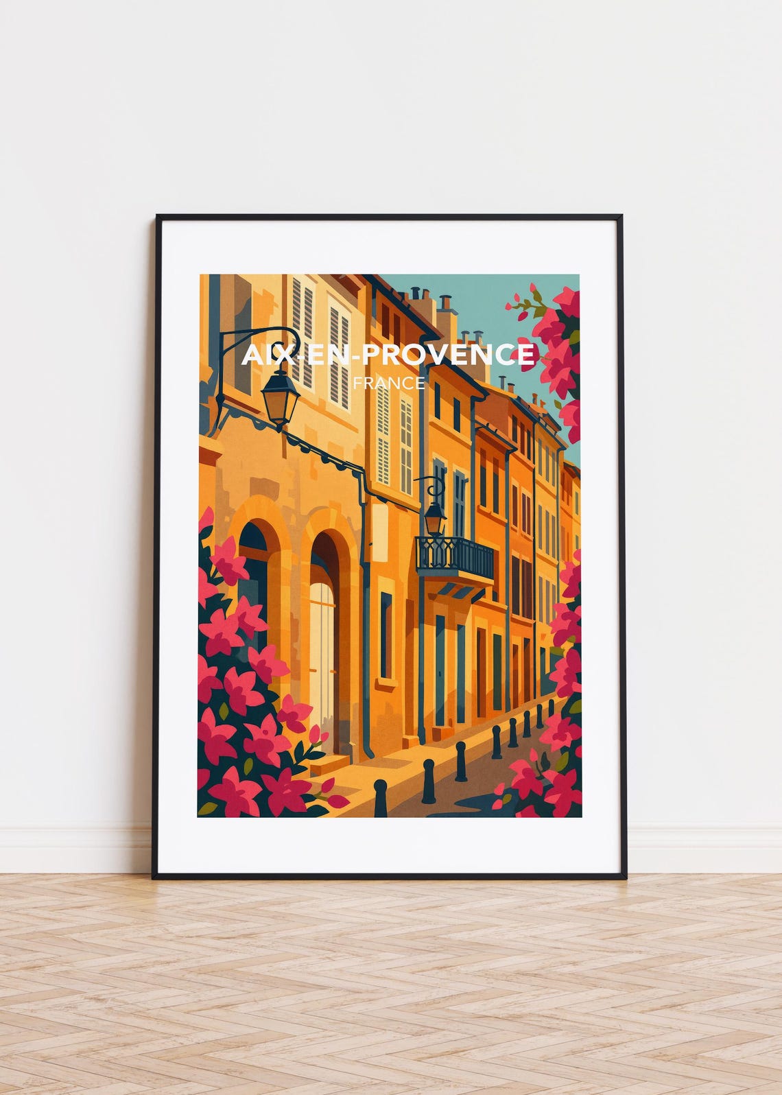 Aix en Provence France Golden Old Street Blooms Retro Travel Poster