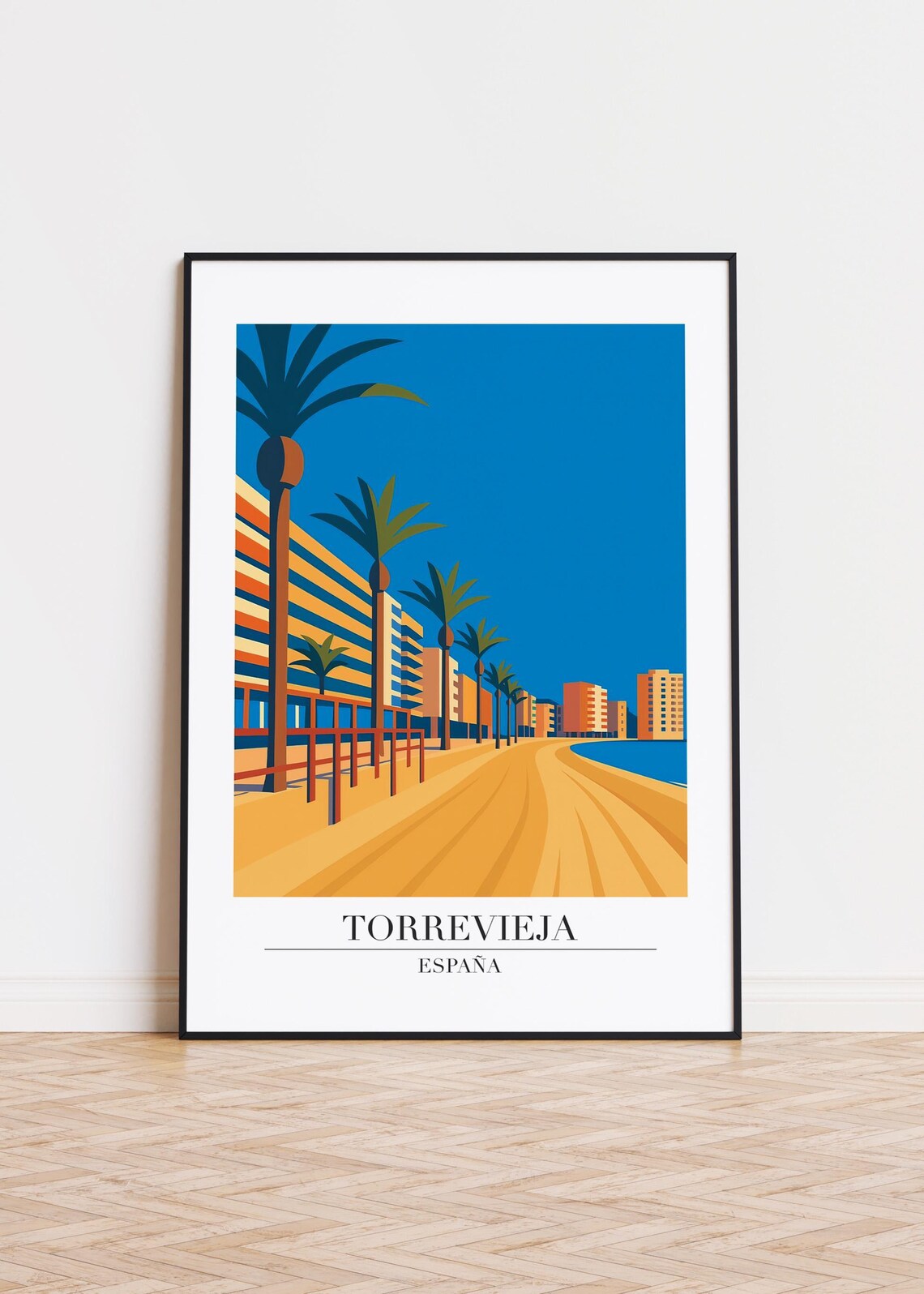 Torrevieja Spain Beach Promenade Palm Trees Modern Travel Poster Artwork
