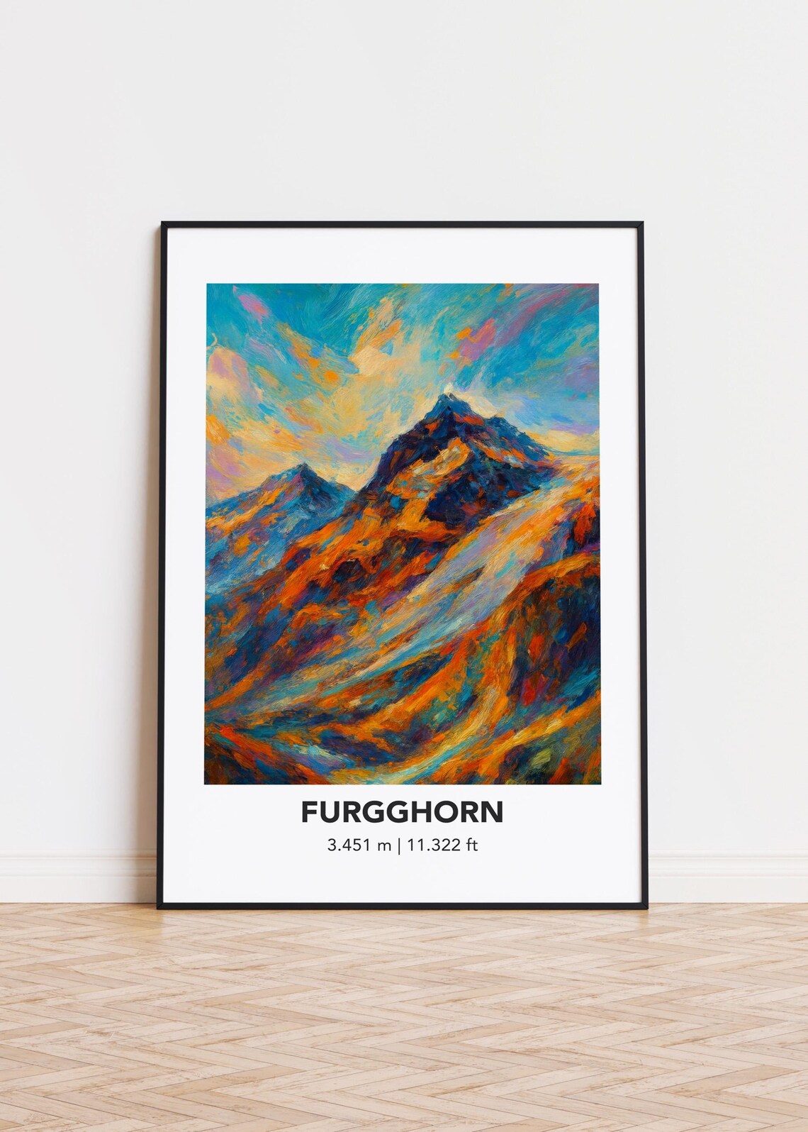 Furgghorn Vivid Oil Painting Mountain Art with Elevation Details Poster