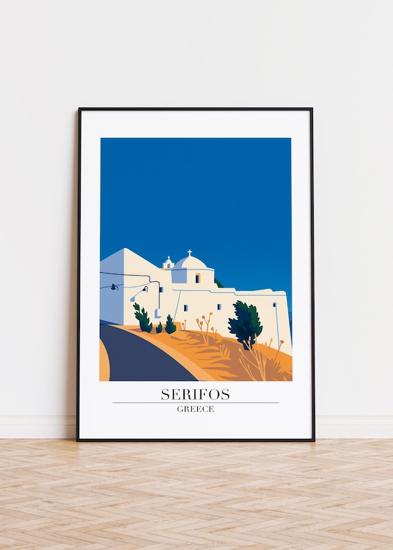 Serifos Greece Whitewashed Chapel Hilltop Blue Sky Travel Art Poster