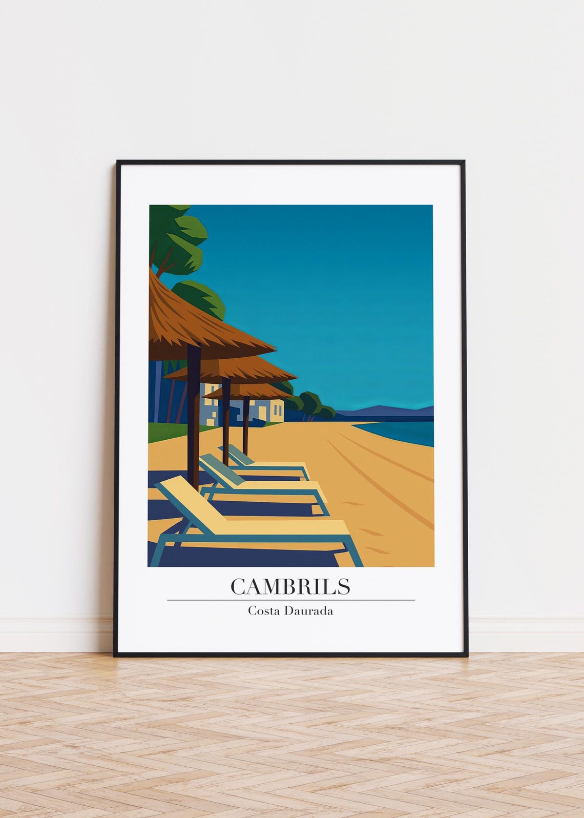 Cambrils Costa Daurada Beach Straw Umbrellas Loungers Art Poster