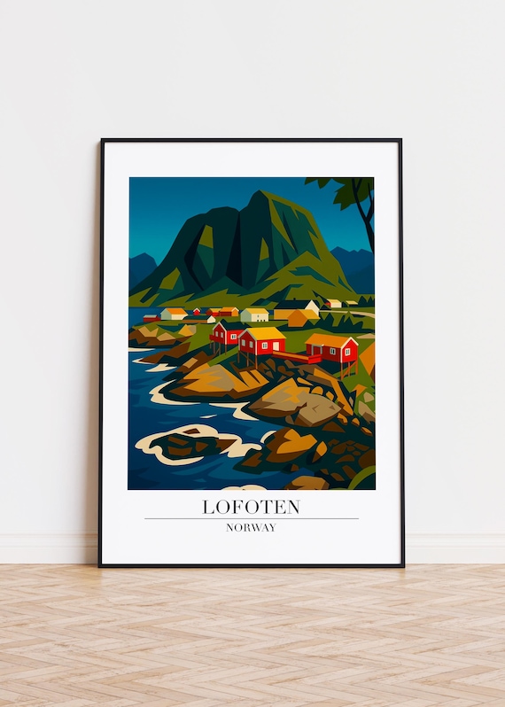 Lofoten Norway Red Fishing Cabins Cliffs Scandinavian Travel Poster