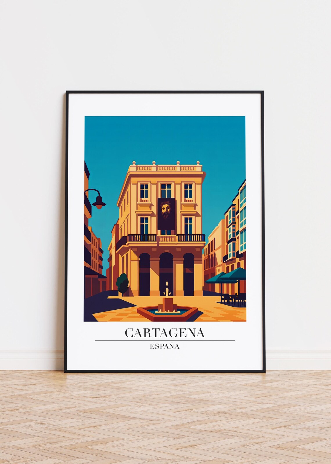 Cartagena Spain Old Town Fountain Plaza Modern Travel Poster Artwork