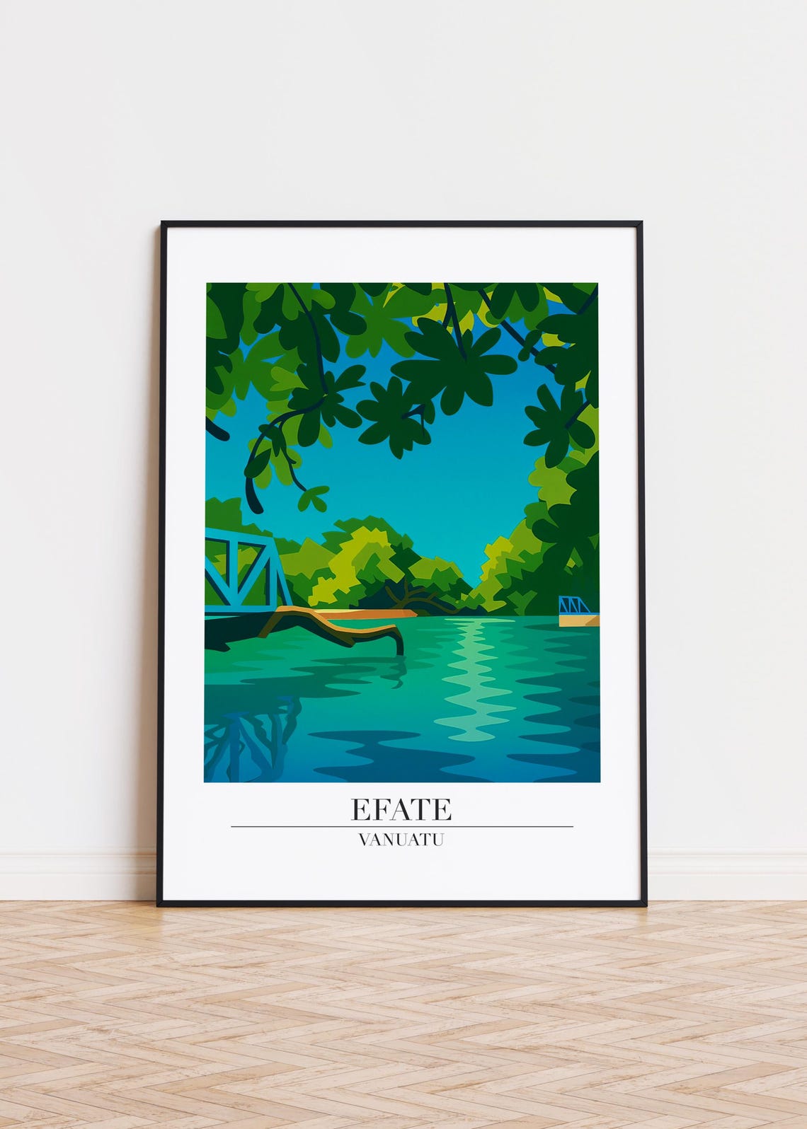 Efate Vanuatu Blue Lagoon Tropical Jungle Bridge Travel Poster