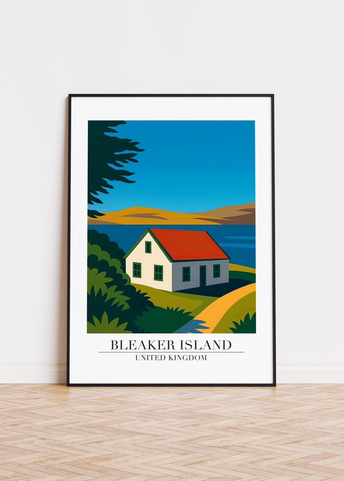 Bleaker Island United Kingdom Red Roof Coastal Cottage Travel Poster
