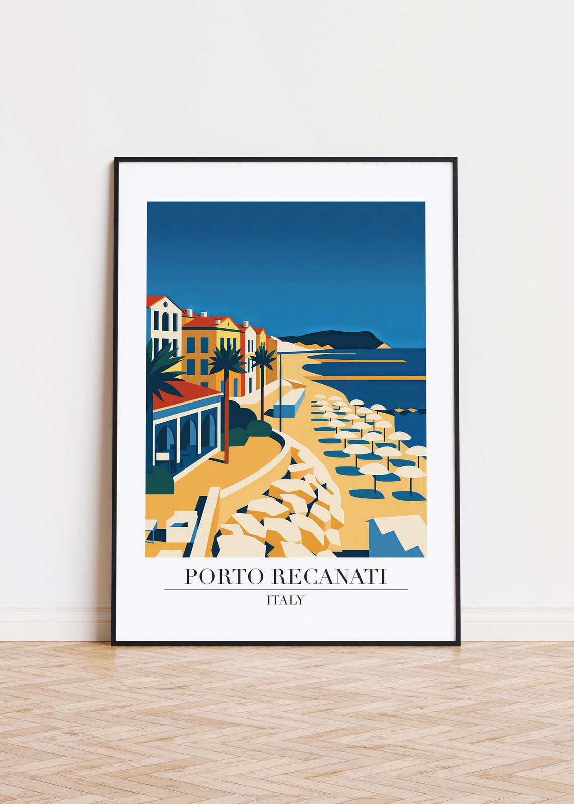 Porto Recanati Italy Beach Travel Poster Promenade Umbrellas Art