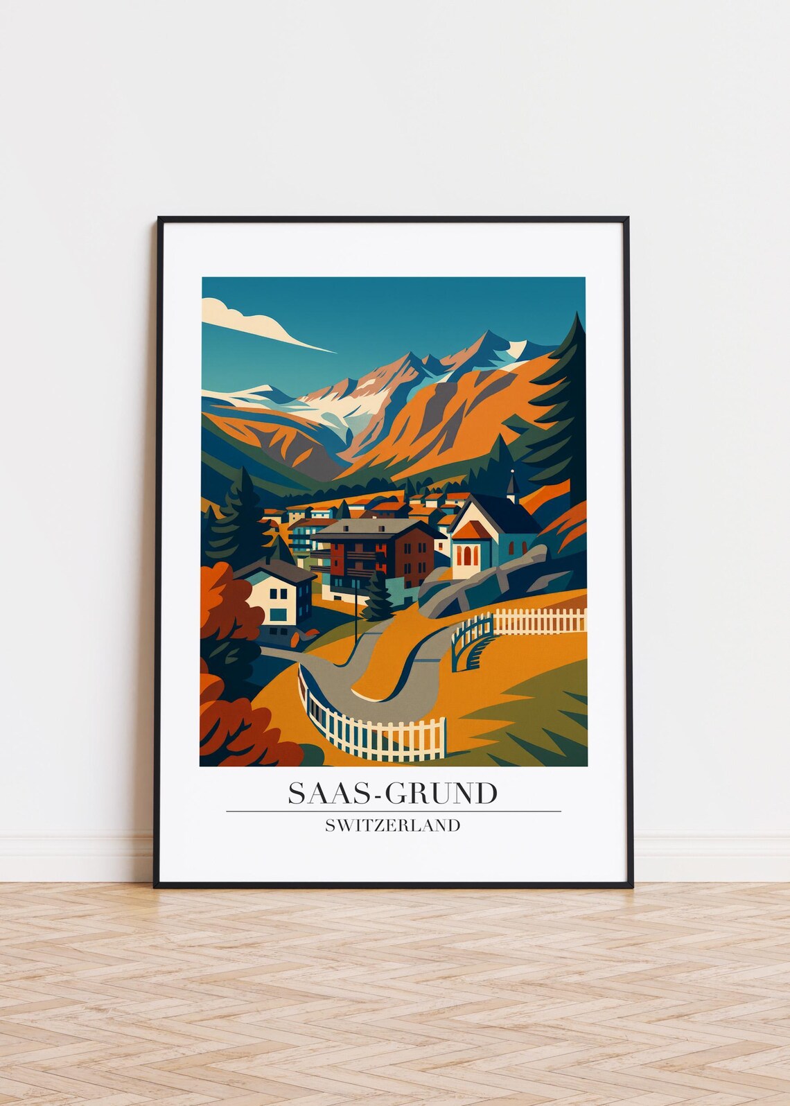 Saas Grund Switzerland Alpine Village Vintage Mountain Travel Poster
