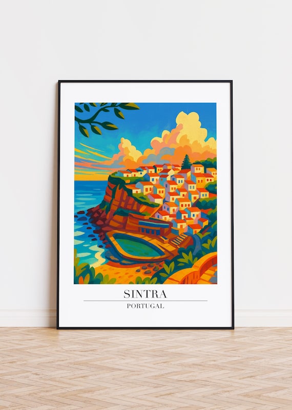 Sintra Portugal Travel Poster Minimalist Coastal Cliff Village Sunset Scene