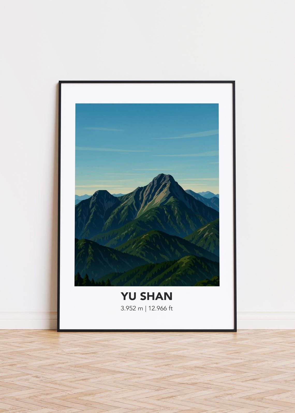 Yu Shan Taiwan Peak Layered Mountain Ranges Illustrated Travel Poster