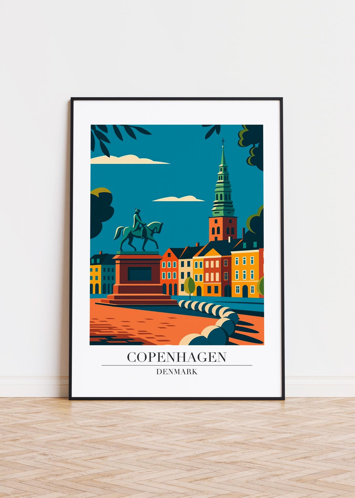 Copenhagen Denmark Equestrian Statue Church Spire City Travel Poster