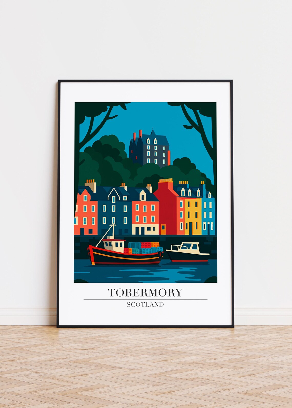Tobermory Scotland Colorful Harbor Boats Retro Travel Illustration Poster