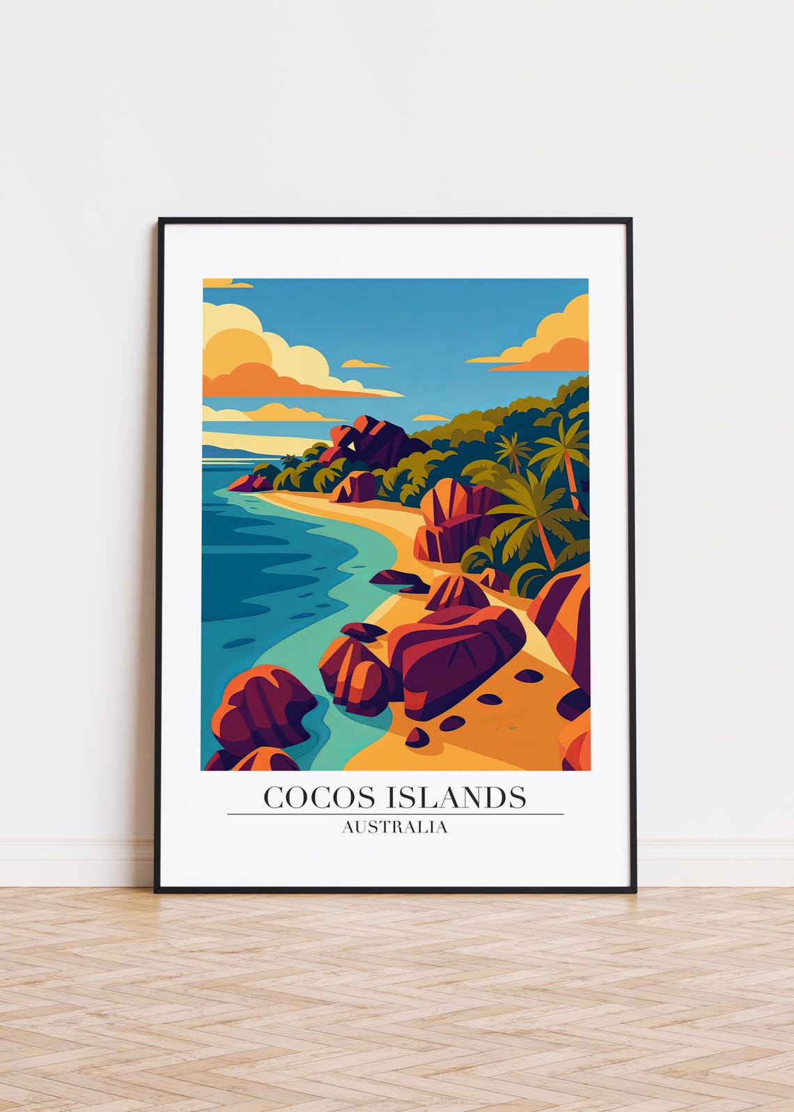 Cocos Islands Australia Rocky Beach Palm Trees Vintage Travel Poster