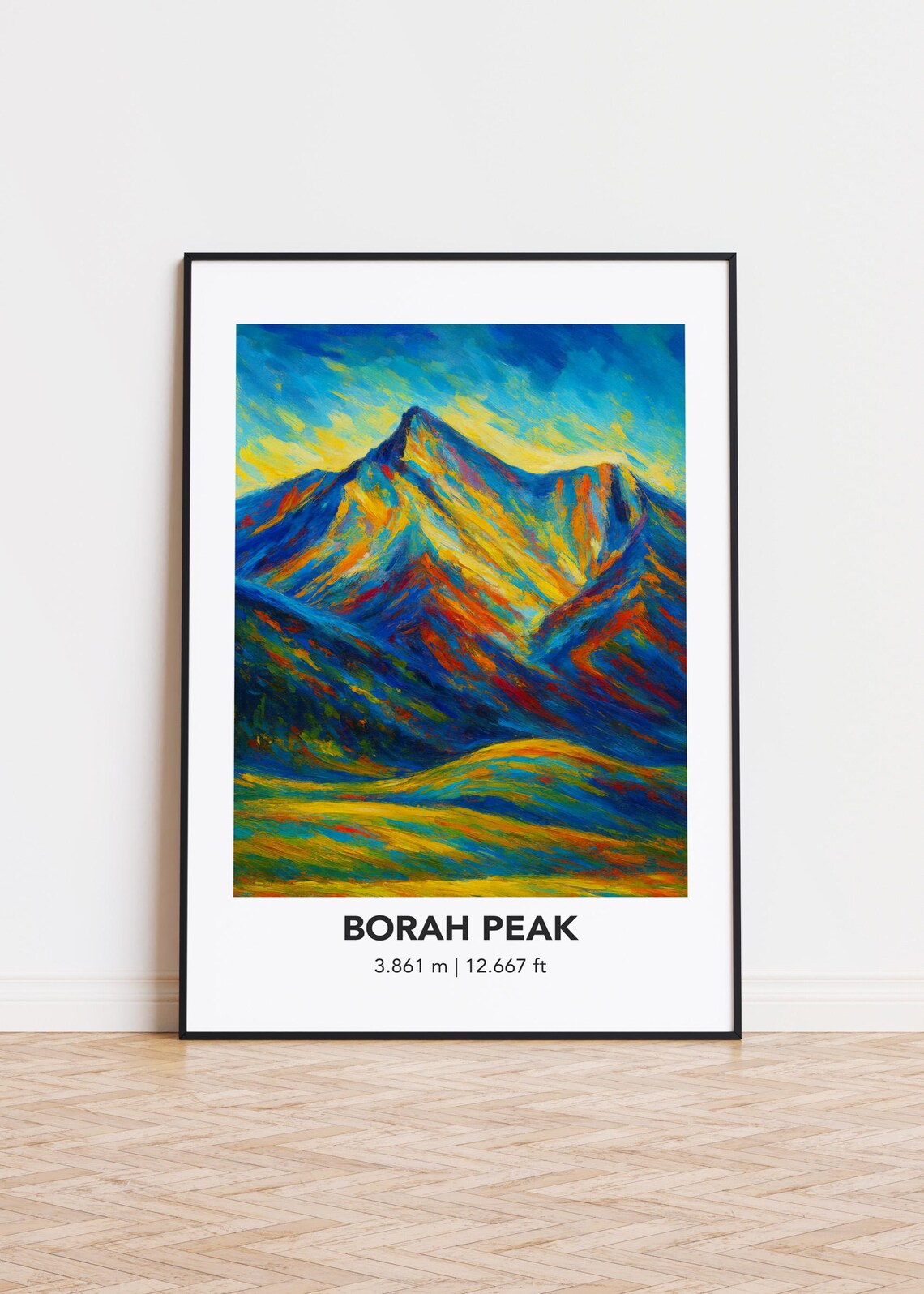 Borah Peak Mountain Poster, Modern Oil Painting Style