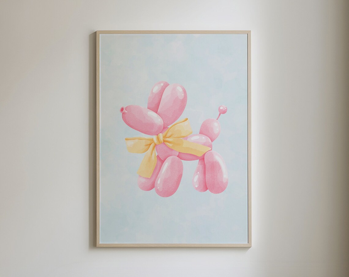 Pink Balloon Dog with Yellow Bow Preppy Coquette Aesthetic Poster