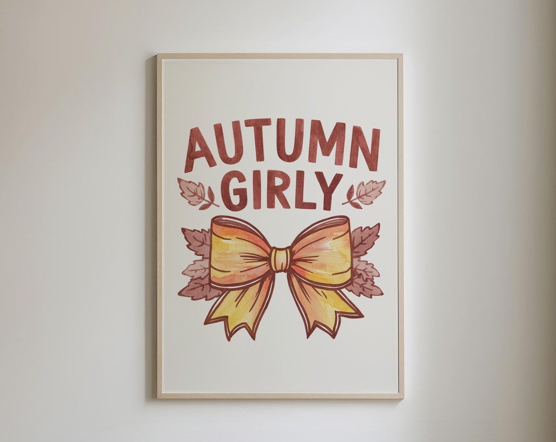 Autumn Girly Rust Red Watercolor Bow Leaves Fall Decor Poster
