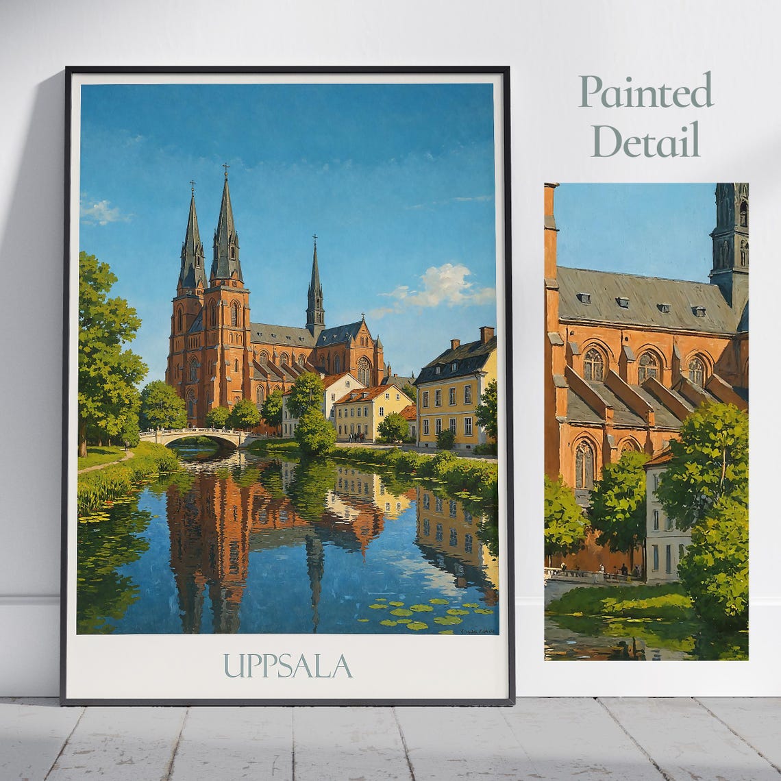 Uppsala Sweden Painted Cathedral River Reflection City Art Poster