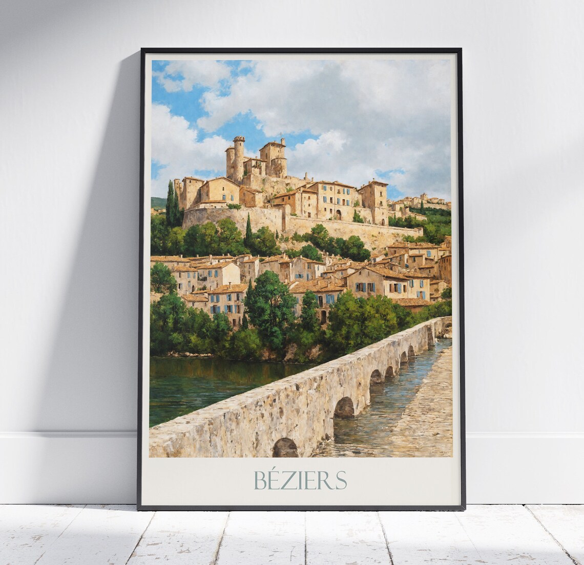 Béziers France Old Town Stone Bridge Riverside Painted Travel Poster