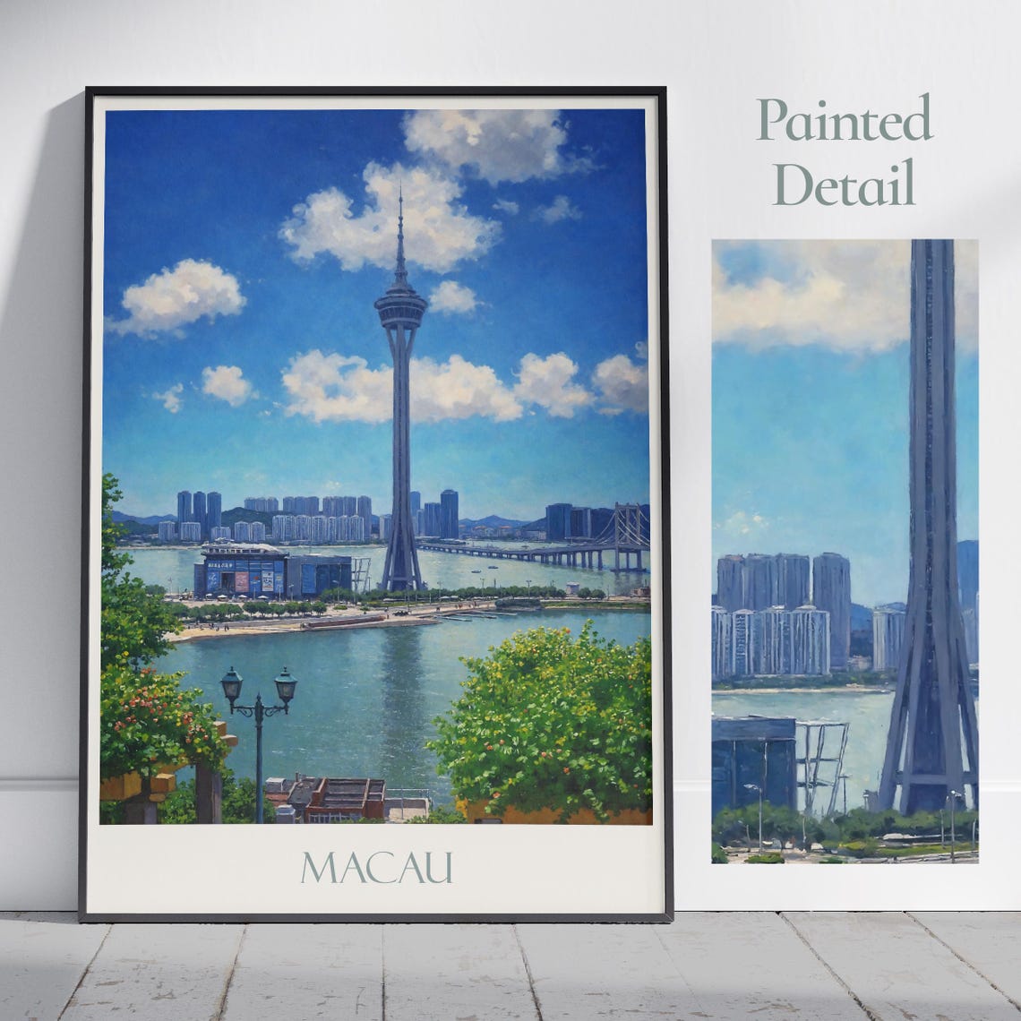 Macau China Tower Skyline Harbor Bridge Daytime Painted Poster