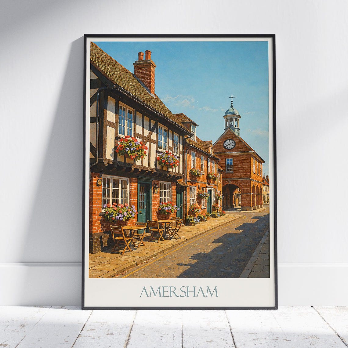 Amersham Travel Poster Uk Village Wall Art Print Historic Market Hall Buckinghamshire Town Painting English Home Decor