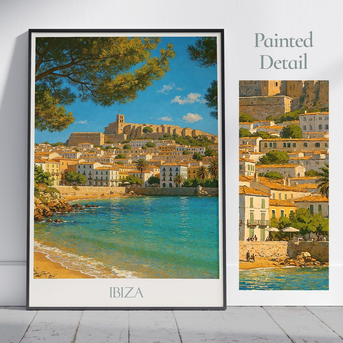 Ibiza Waterfront Harbor Old Town Fortress Turquoise Sea Travel Poster