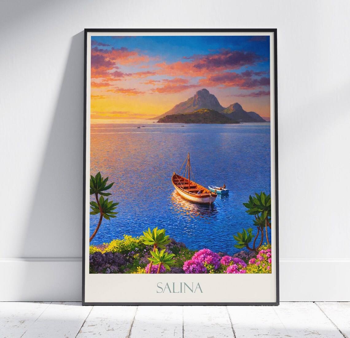 Salina Italy Sunset Harbor with Wooden Boats Coastal Travel Poster