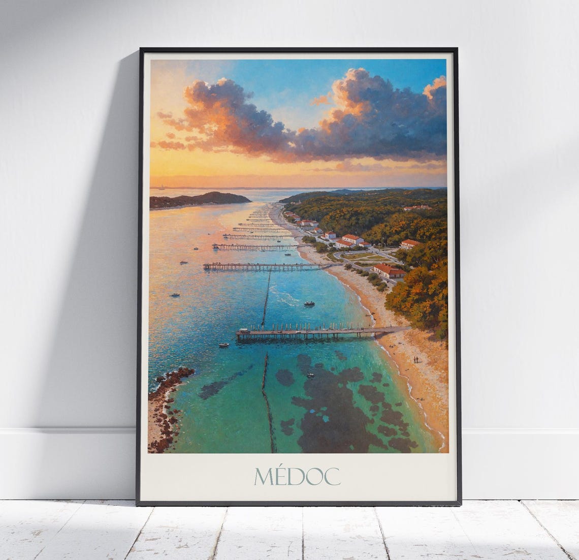 Medoc Sunset Estuary Piers France Aerial Coastal Travel Poster