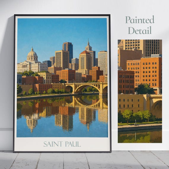 Saint Paul Travel Poster Minnesota Cityscape Art Painted Wall Home Decor Framed Personalized Vacation Gift