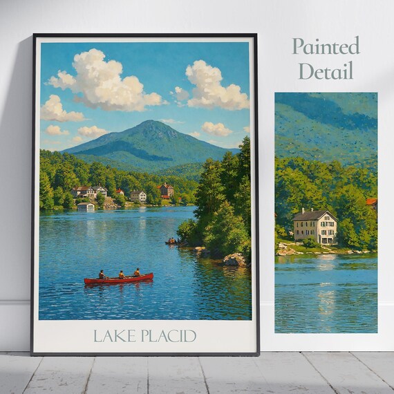 Lake Placid Summer Travel Poster Adirondacks Canoe Lake Mountain Village Art