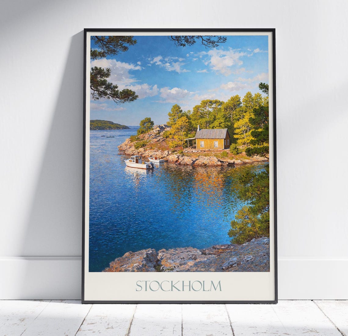 Stockholm Archipelago Sweden Waterside Cabin and Boat Travel Poster