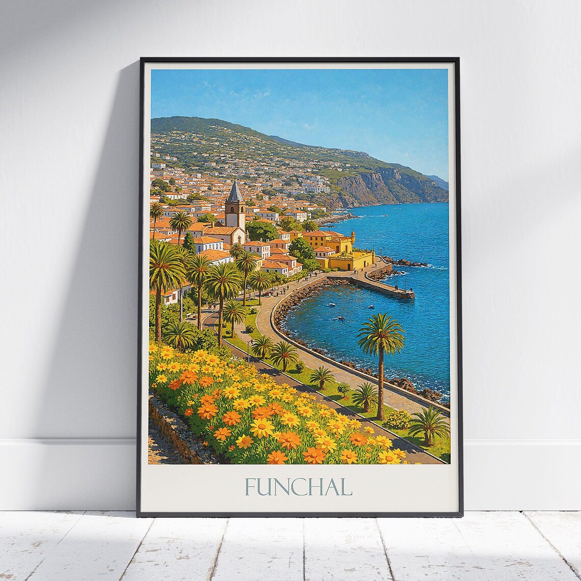 Funchal Madeira Vintage Seaside Promenade Palm Trees Travel Poster