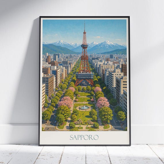 Sapporo Japan Travel Poster Hokkaido Cityscape Wall Art Print Iconic Tv Tower Odori Park Cherry Blossoms Vintage Style