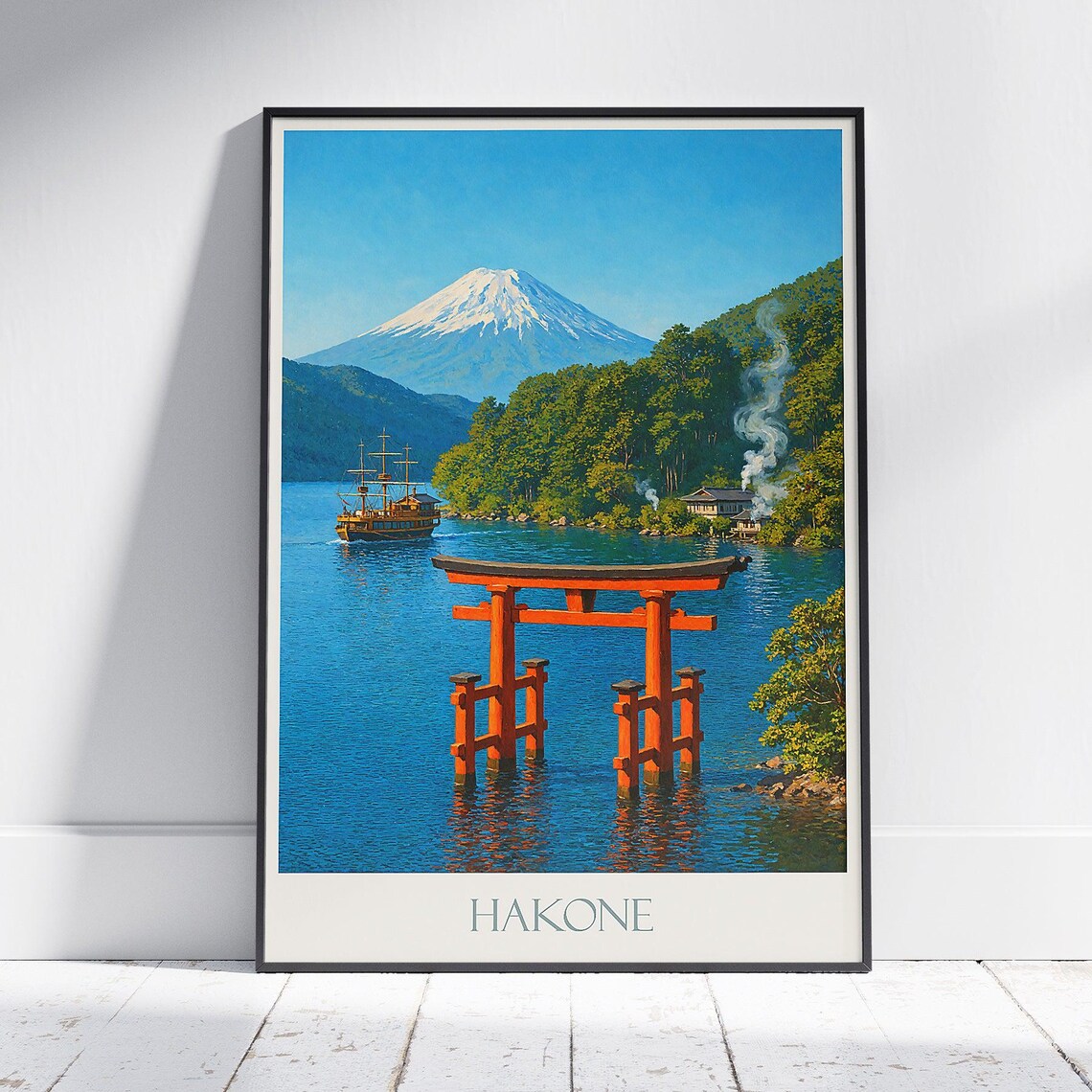 Hakone Japan Mount Fuji Lake Ashi Torii Gate Vintage Travel Poster